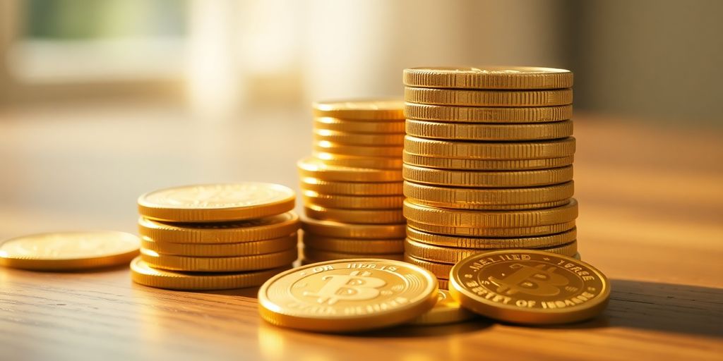 Des pièces d'or empilées sur une table en bois.