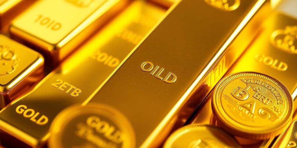 Barres et pièces d'or brillantes sur fond neutre.