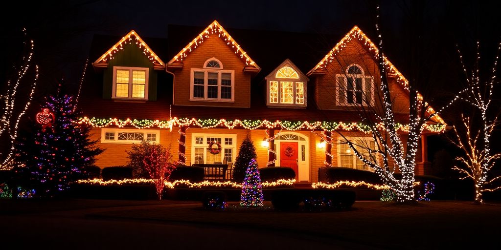 Creve Coeur house with sparkling Christmas lights at night.