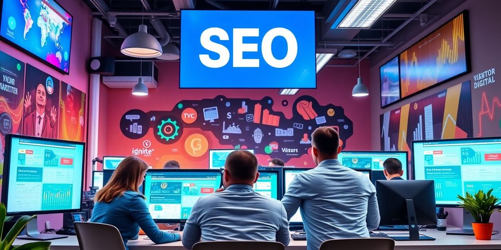 Team of SEO experts collaborating in a modern office.