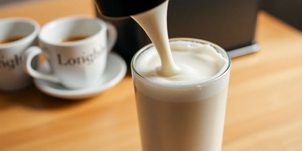 De Longhi Milk Frother with frothed milk and coffee cups.
