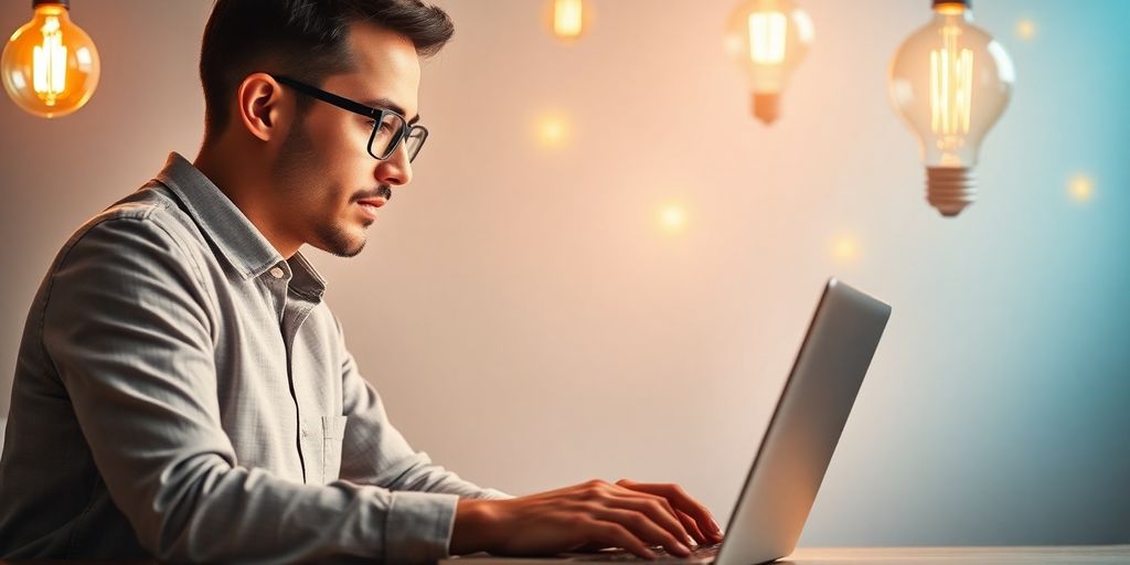 Person working on laptop with ideas around them.