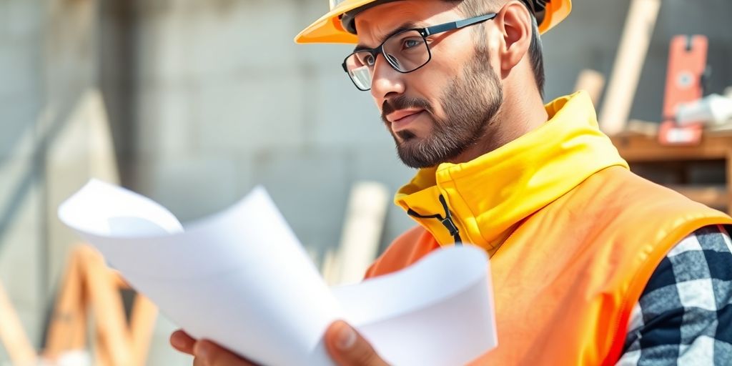 Ouvrier avec casque et plan de maison