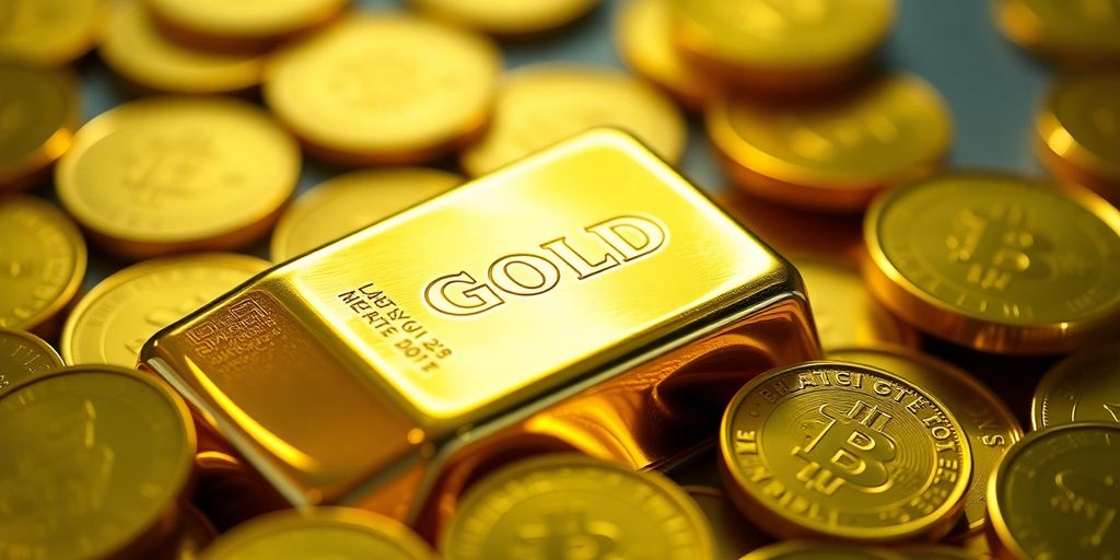 Lingot d'or brillant avec des pièces de monnaie autour.