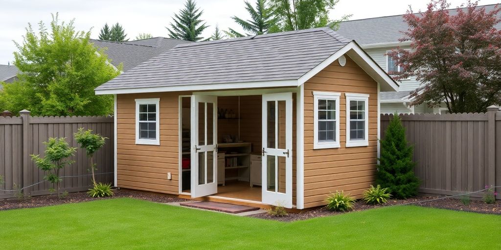 Custom shed enhances backyard with elegant design and ample storage.