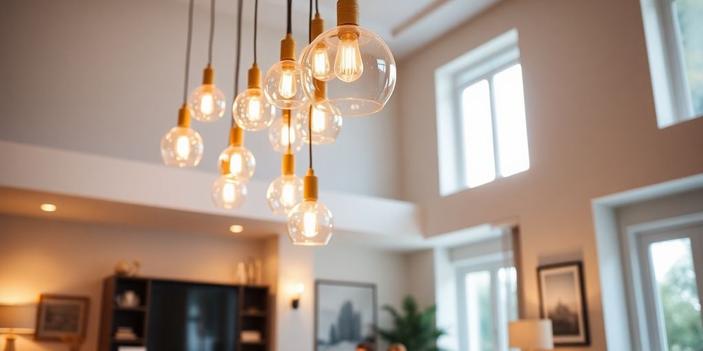Stylish hanging lights illuminating a modern living room.