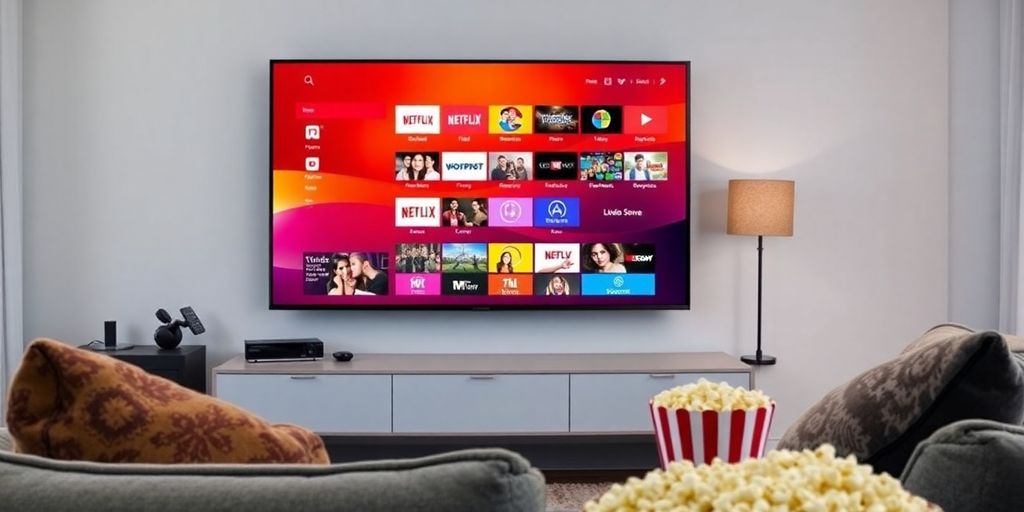 Cozy living room with a TV displaying streaming options.