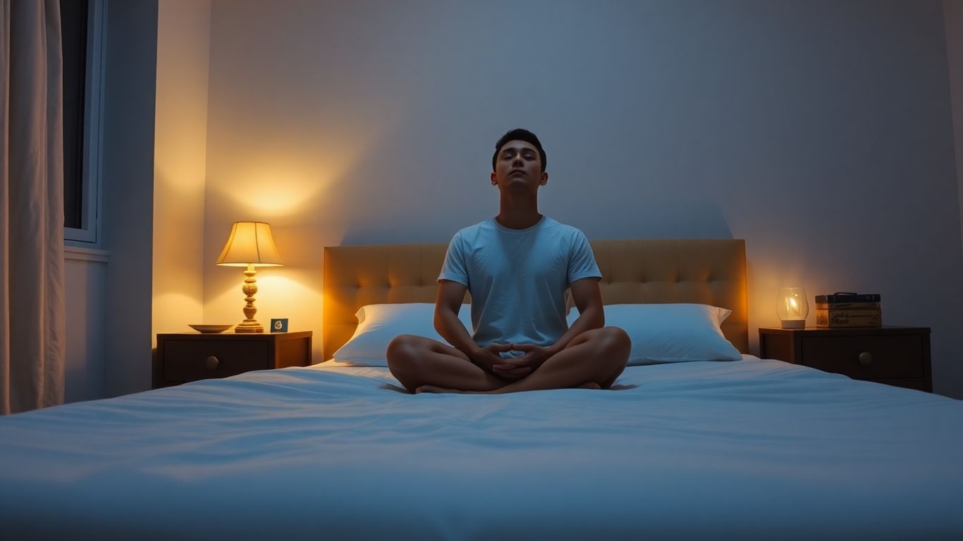 Person meditating on bed in a tranquil bedroom.