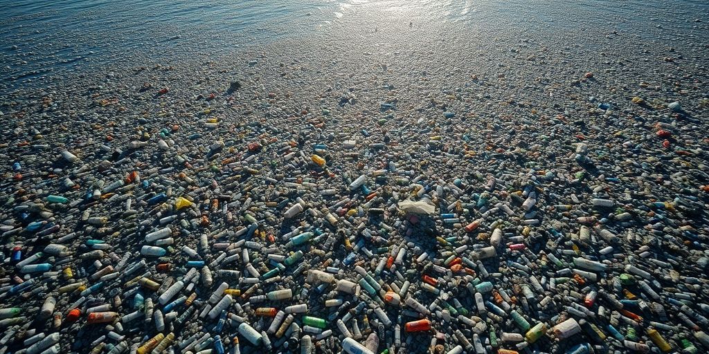 Océan pollué par des débris plastiques flottants.