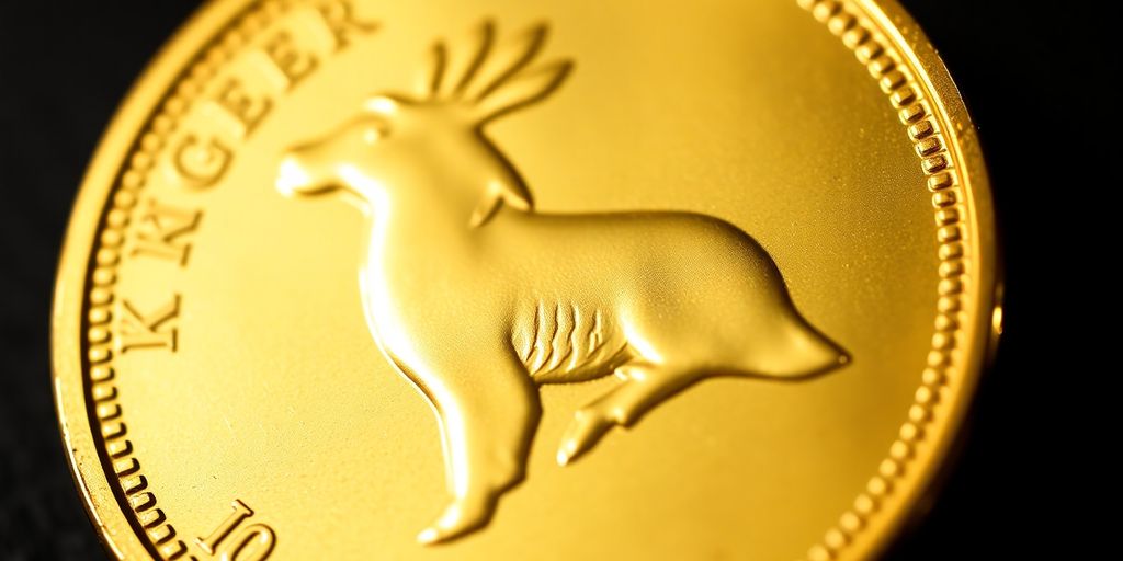 Un pièce Krugerrand dorée en gros plan.