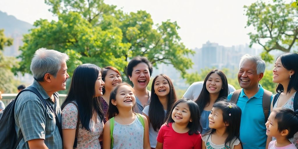 Diverse group smiling in Hong Kong park.