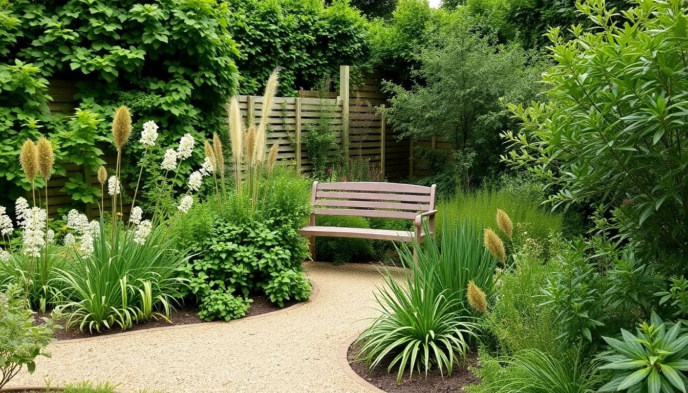Low-maintenance garden with native plants and gravel pathways.