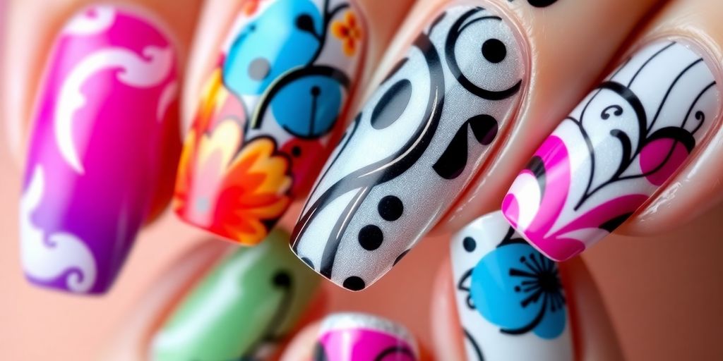 Unhas decoradas com cores vibrantes e padrões intricados.
