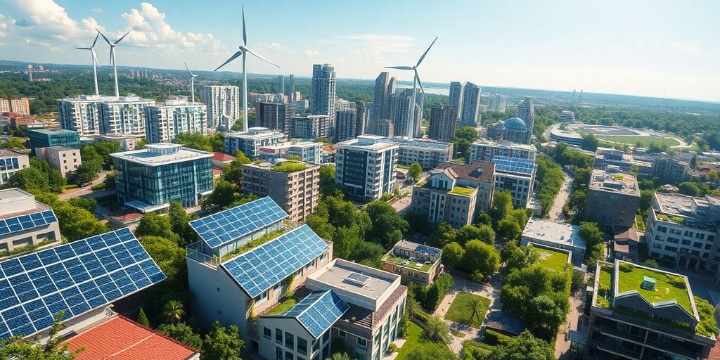 Eco-friendly city with solar panels and wind turbines.