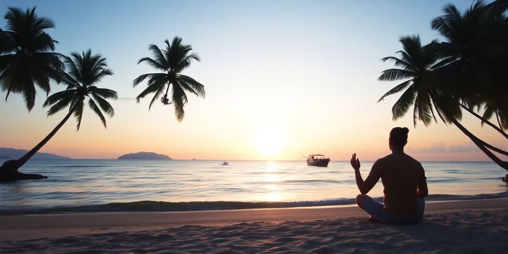 Person meditating on a Thai beach at sunset.