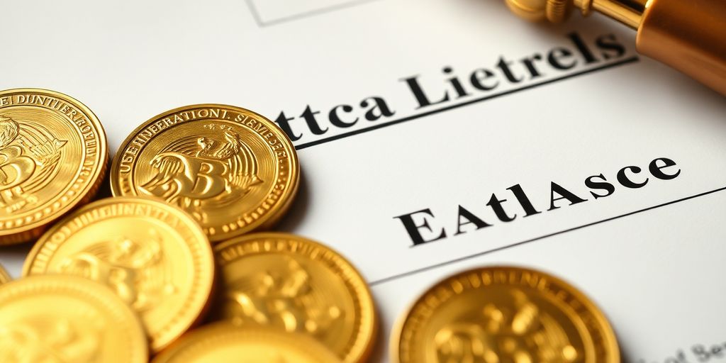 Pièces d'or et document légal sur une table.