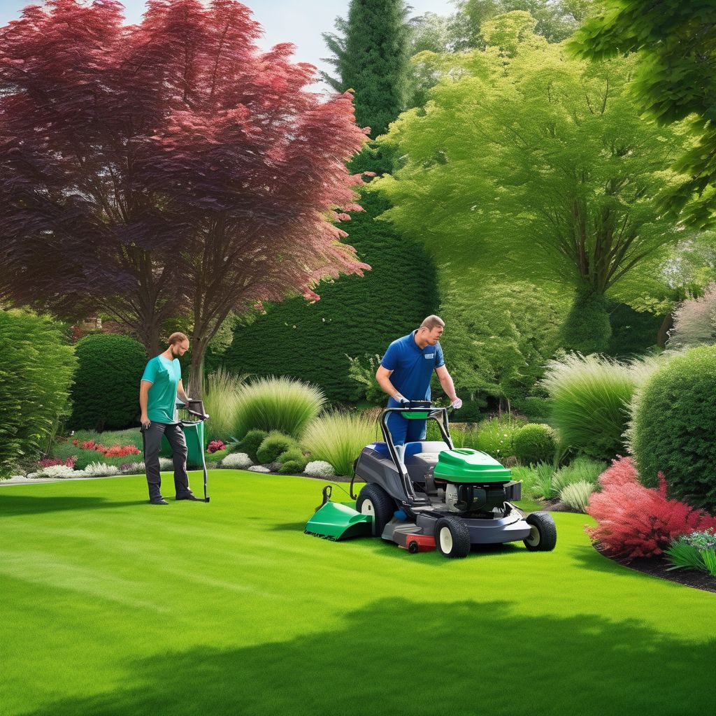 professional lawn care service team trimming grass in a beautiful suburban garden