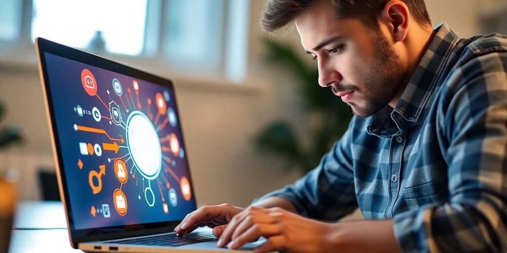 Person studying digital marketing concepts on a laptop.