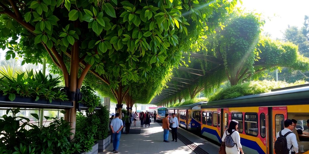 Public transport station with lush green roofs and plants.