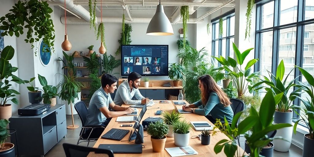 Innovative tech workspace with plants and collaborative atmosphere.