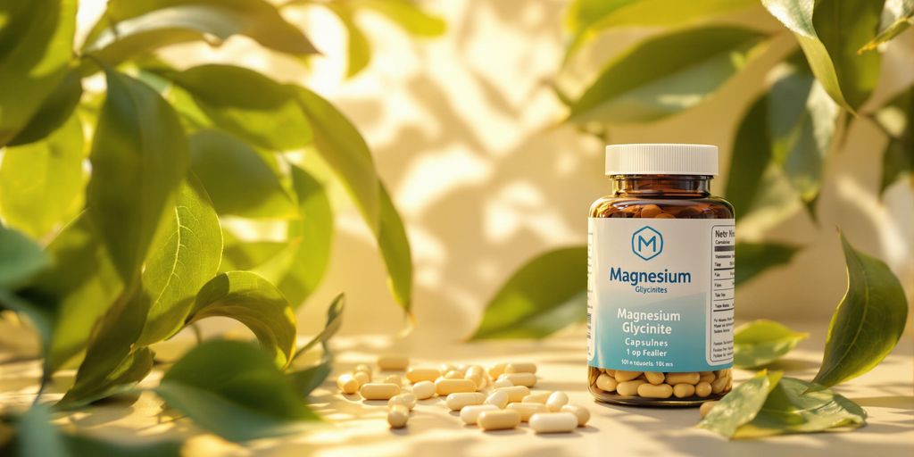 Bottle of magnesium glycinate capsules with calming leaves.