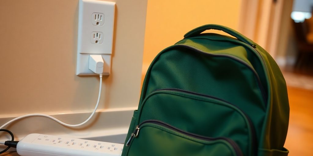 School backpack near electrical outlet and power strip in home