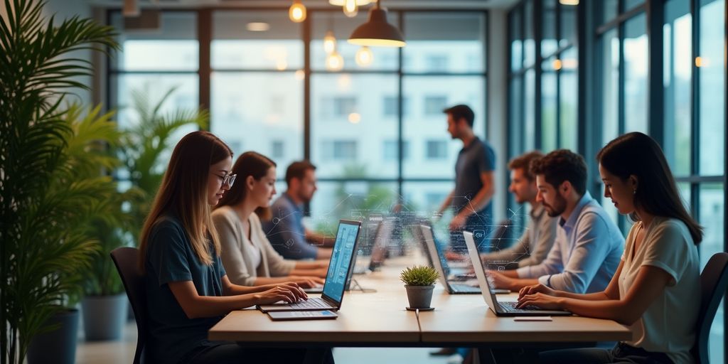 Team collaborating with AI tools in a modern workspace.