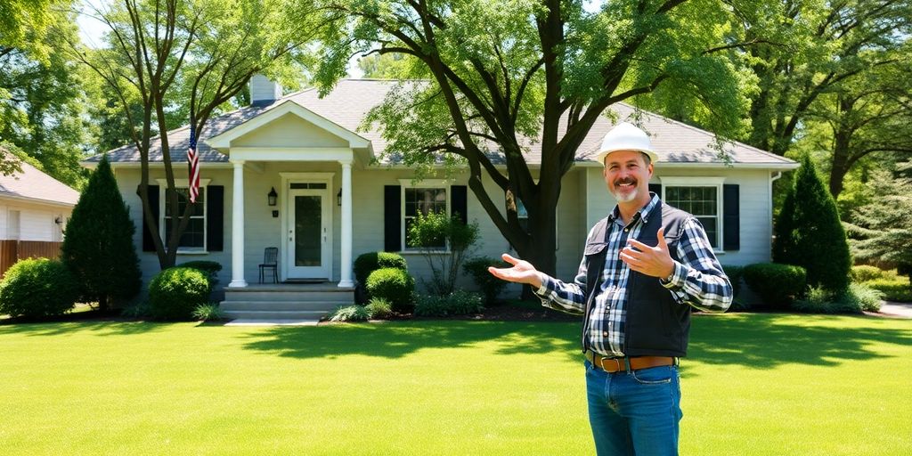 Home exterior with friendly contractor looking at house.
