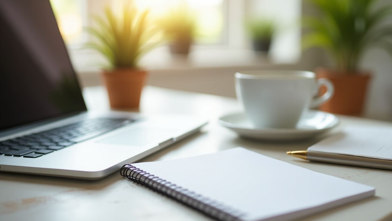 Workspace with laptop, notepad, and coffee cup.
