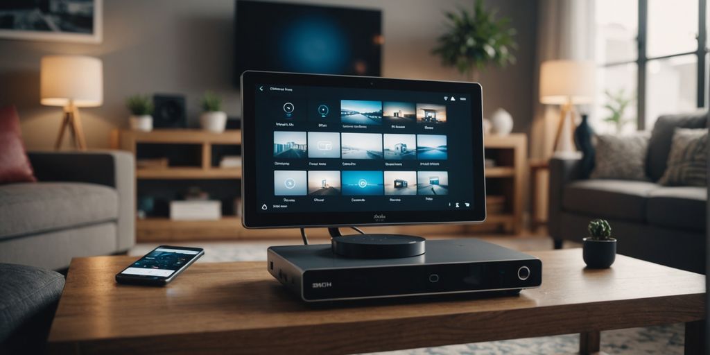 Smart home hub managing multiple devices in a living room.