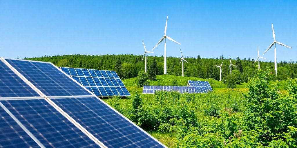 Solar panels and wind turbines in a green landscape.