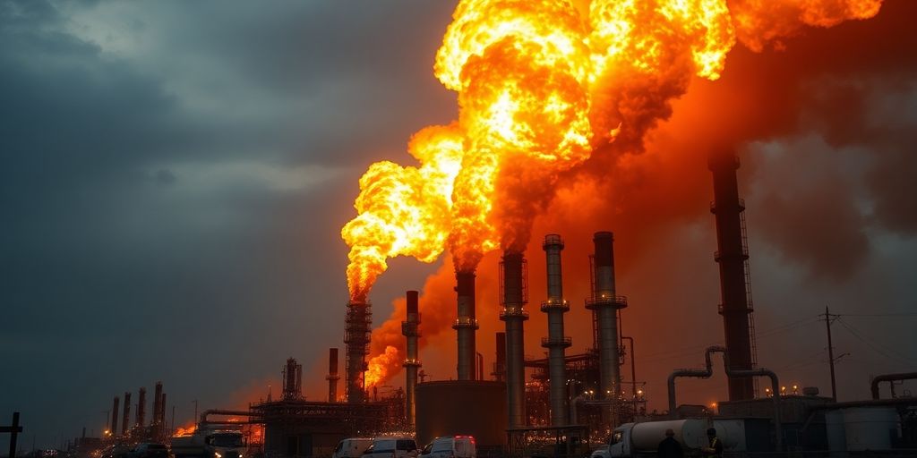 A picture showing a refinery explosion with flames and some emergency people around. 