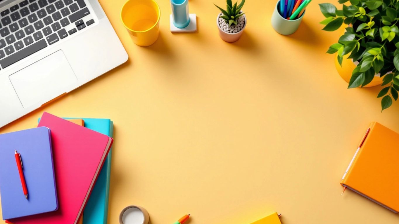 Vibrant workspace with laptop, notebooks, and coffee cup.