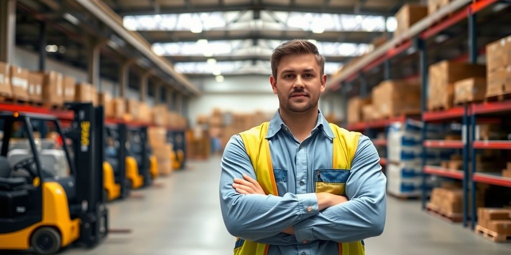 Manager in warehouse, overseeing operations.