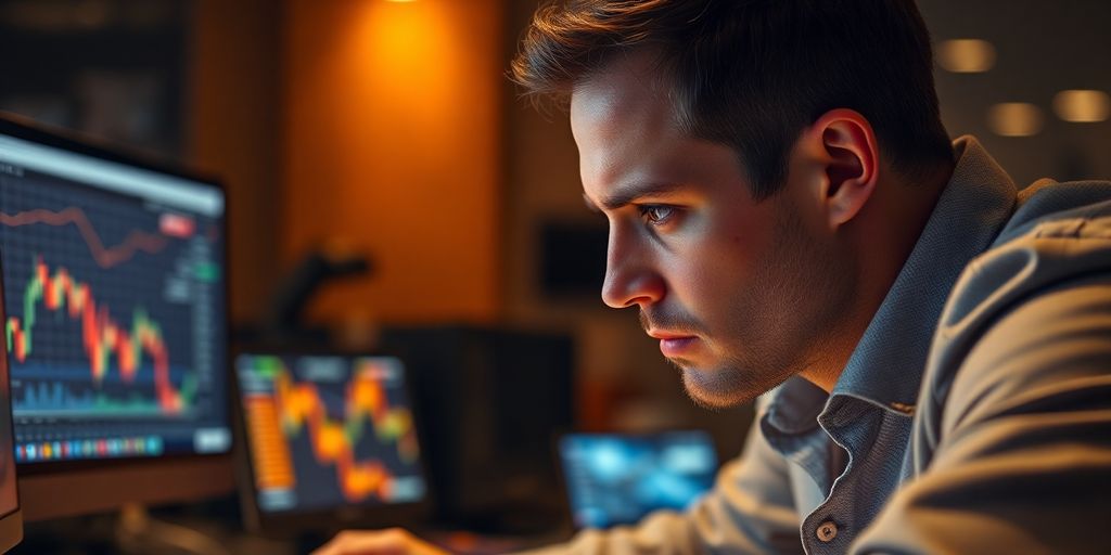 Focused trader at desk with market analysis tools.