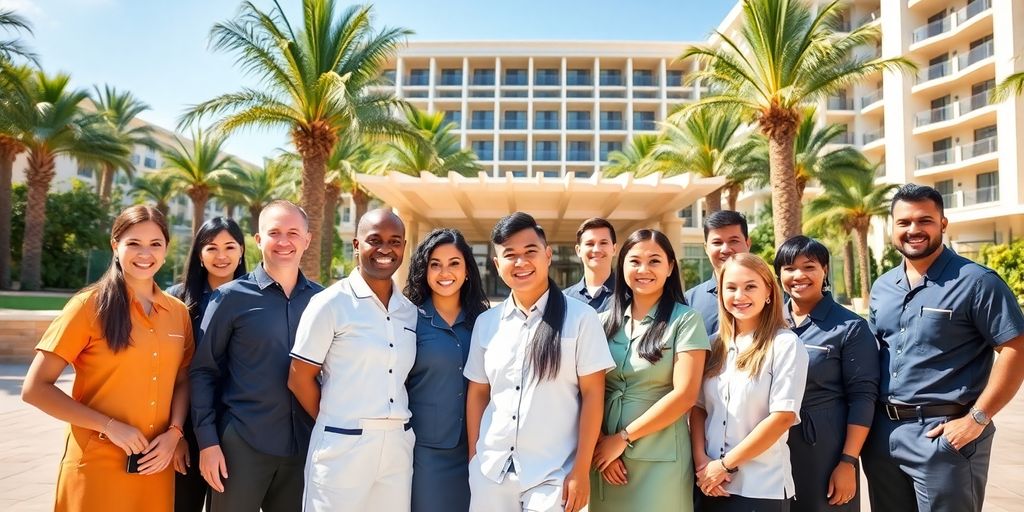 Resort employee smiling in front of a hotel entrance.