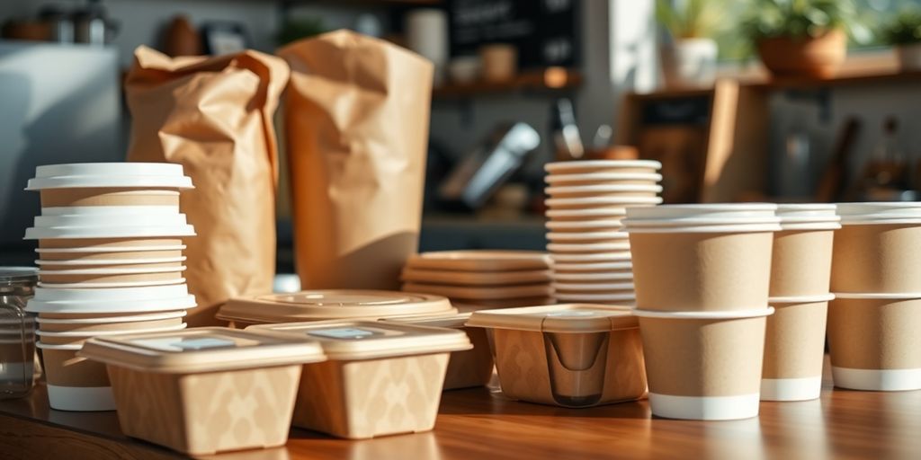 Café counter with eco-friendly takeaway containers.