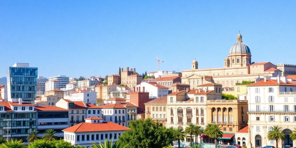 Cityscape of Spain highlighting financial and cultural aspects.