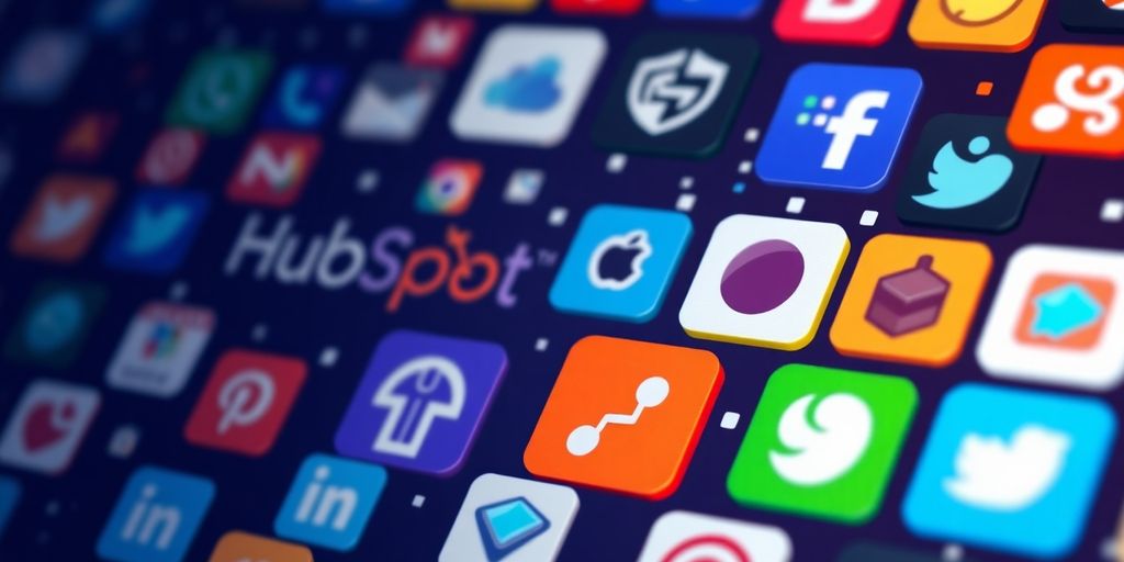 Colorful HubSpot app icons on a digital background.