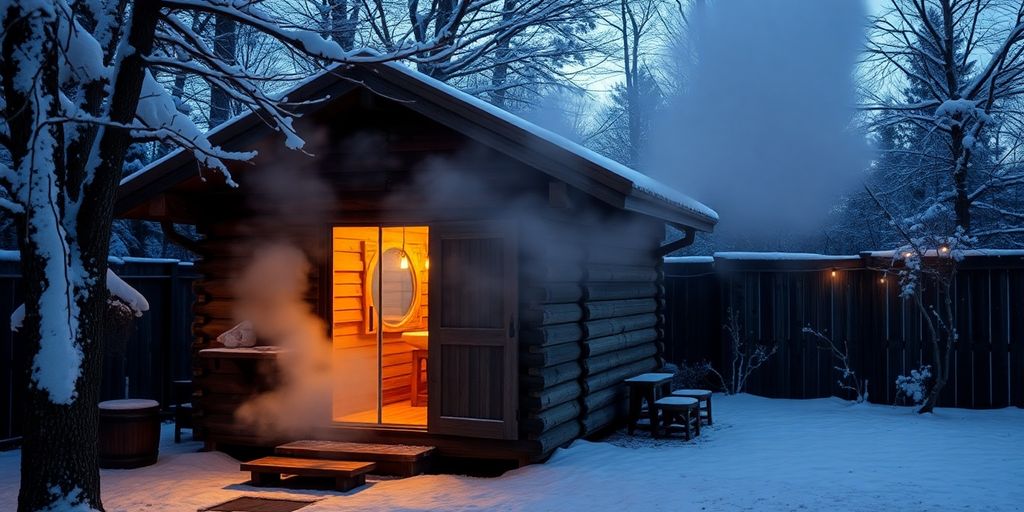 Cozy backyard sauna with steam.