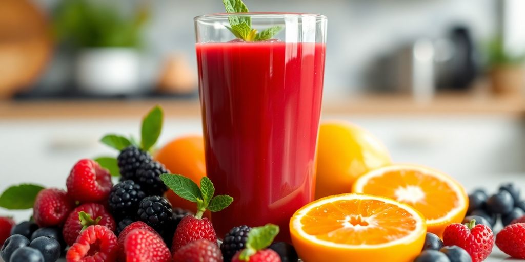 Glass of gluco juice with fresh fruits around.