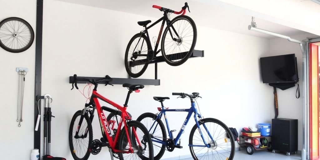 Wall-mounted bike rack with several bicycles neatly stored.