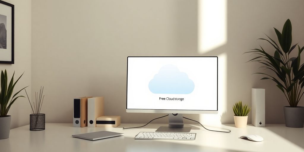Professional workspace with cloud storage and organized files.