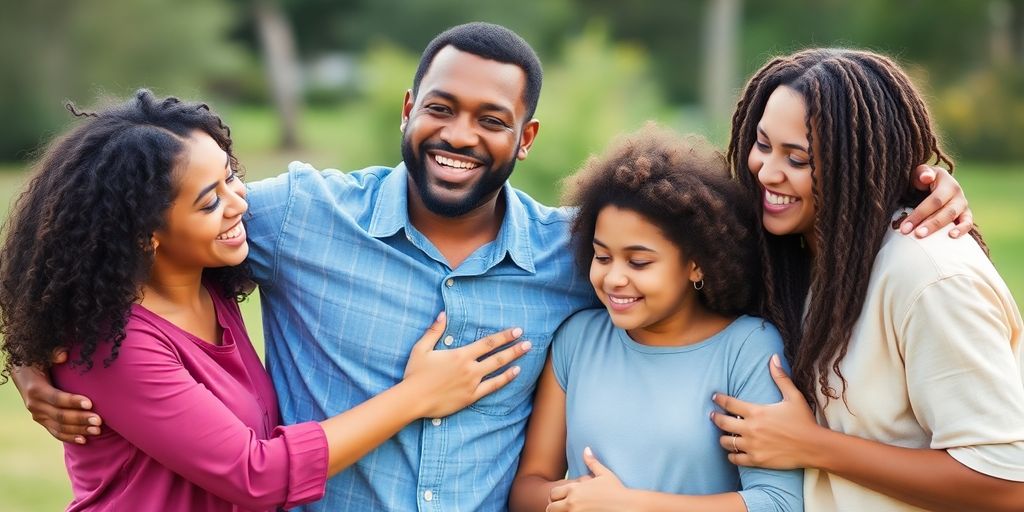 A happy family sharing a warm embrace outdoors.
