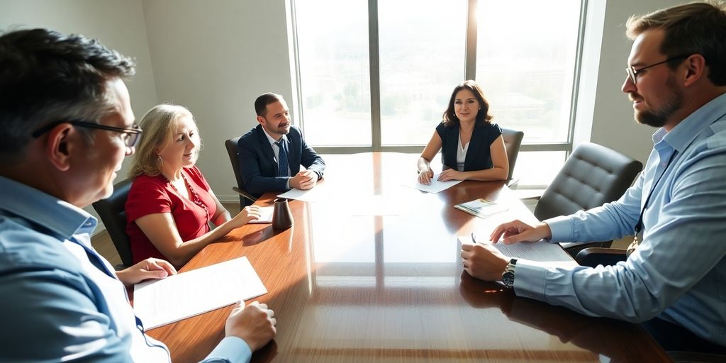 Homme, femme, notaire, bureau, documents, discussion.