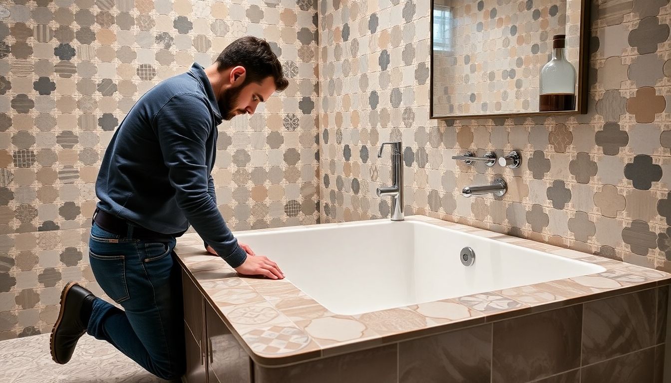Tiler working on a stylish bathroom in London.
