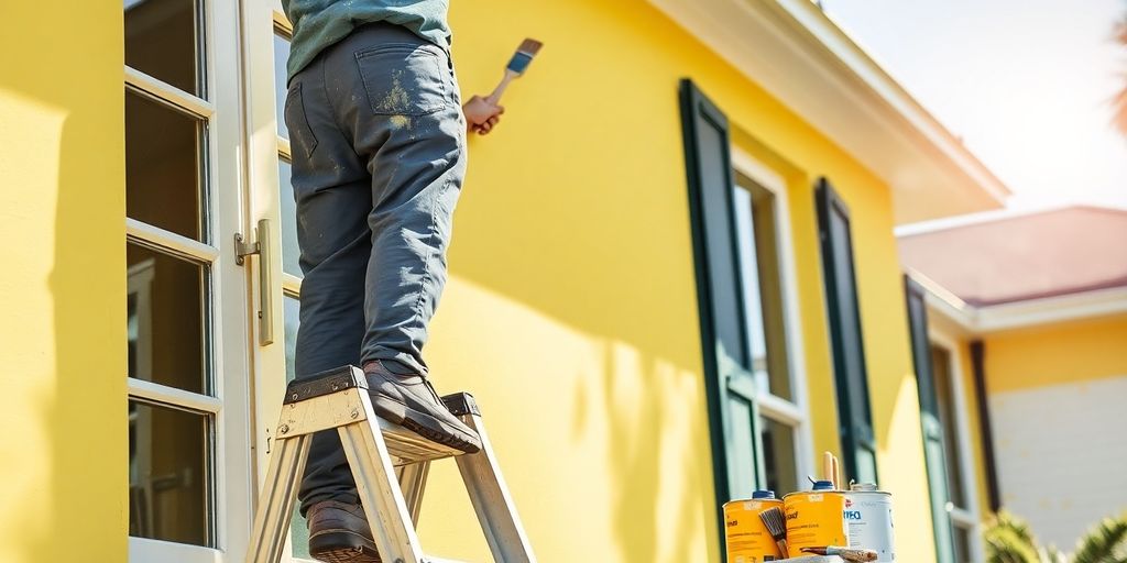 Painter on ladder applying bright paint to house exterior wall