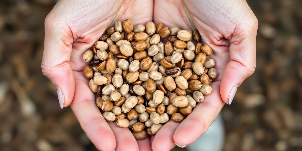 Hands holding diverse, colorful flower and vegetable seeds.