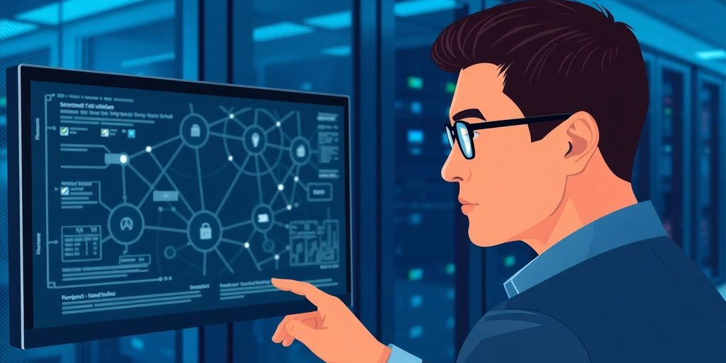 Security director looking at network schematics.