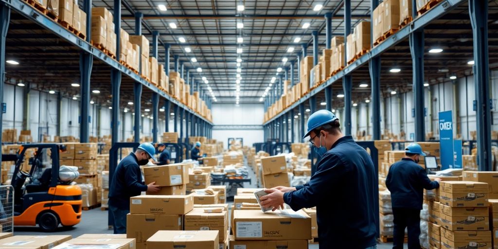 Just-in-Time Logistik: Ein Best-Practice-Beispiel zur Personaloptimierung Arbeiter sortieren Pakete in einem modernen Lager mit blauen Akzenten.
